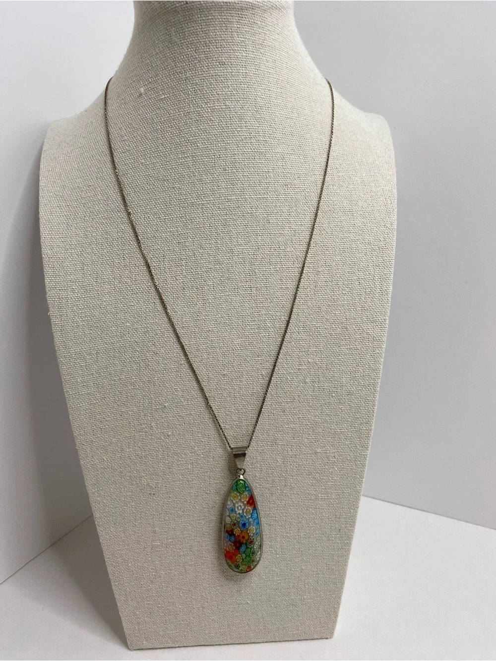 Millefiori Made In Italy Floral Glass Teardrop Pendant Sterling Silver Box Chain